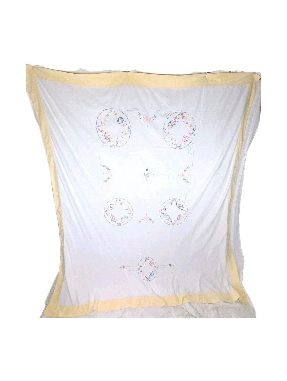 Vintage 1940s Tablecloth Hand Embroidered Art Deco 100% Cotton Summer Quilt Ooak